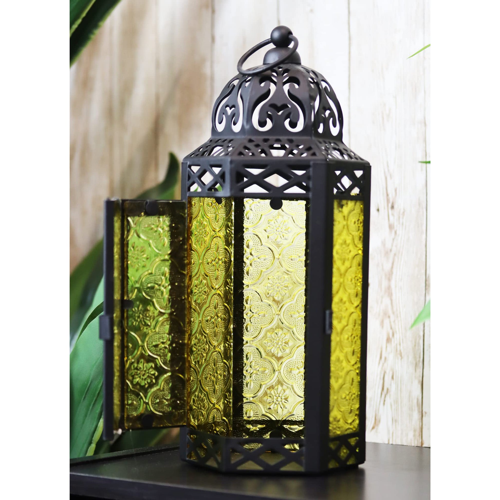 Black Metal Decorative Moroccan Lantern Candle Holder Lamp - Indoor/Outdoor, Home Decor, Patio, Weddings, Christmas - Yellow Medium - PT02