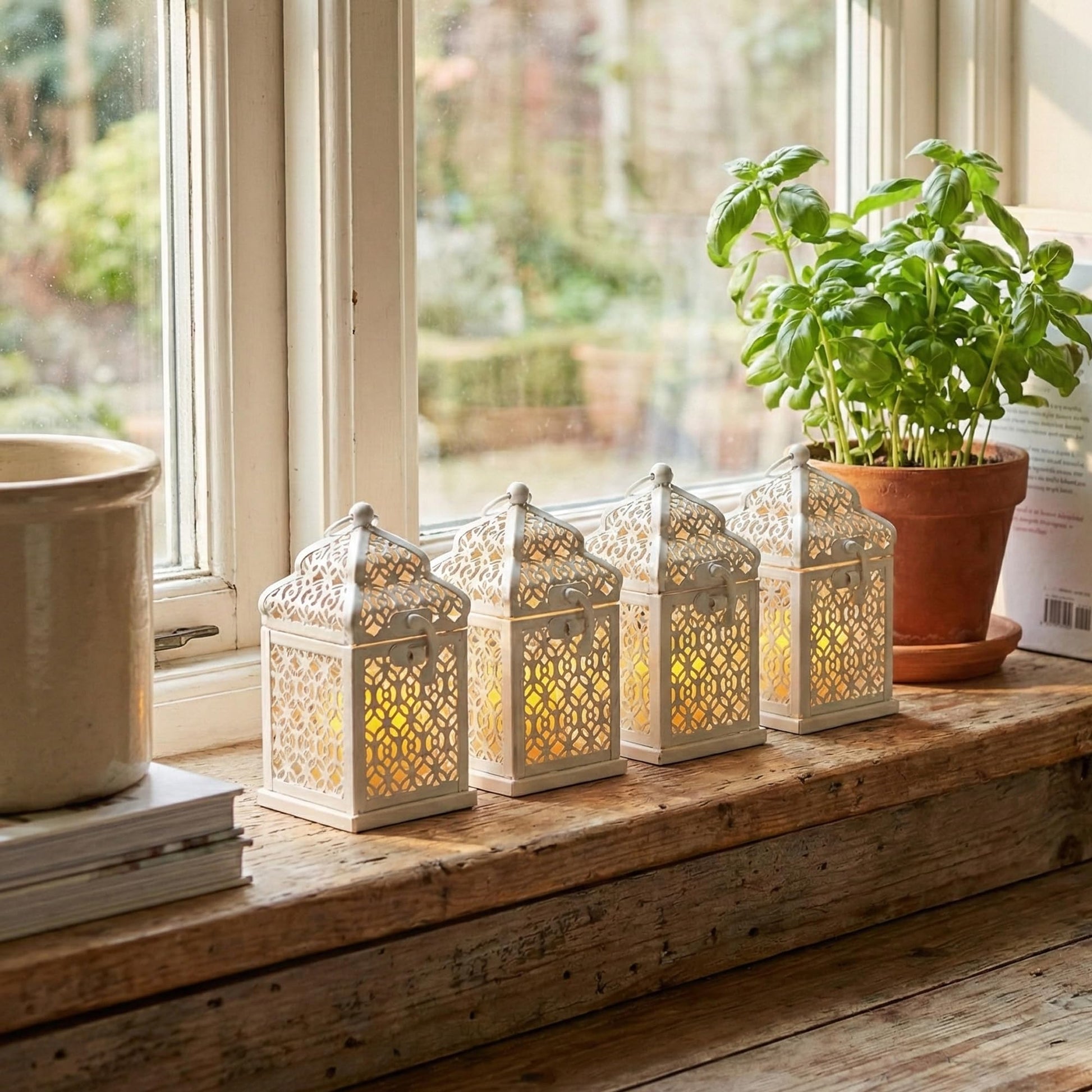 Mini Golden Tower Temple Moroccan Lantern Lamp Decorative Candle Holders for Ramadan Decorations, Hanging, Outdoor Patio or Porch, Indoor Home Decor, Set of 4 - White Mini - PT07