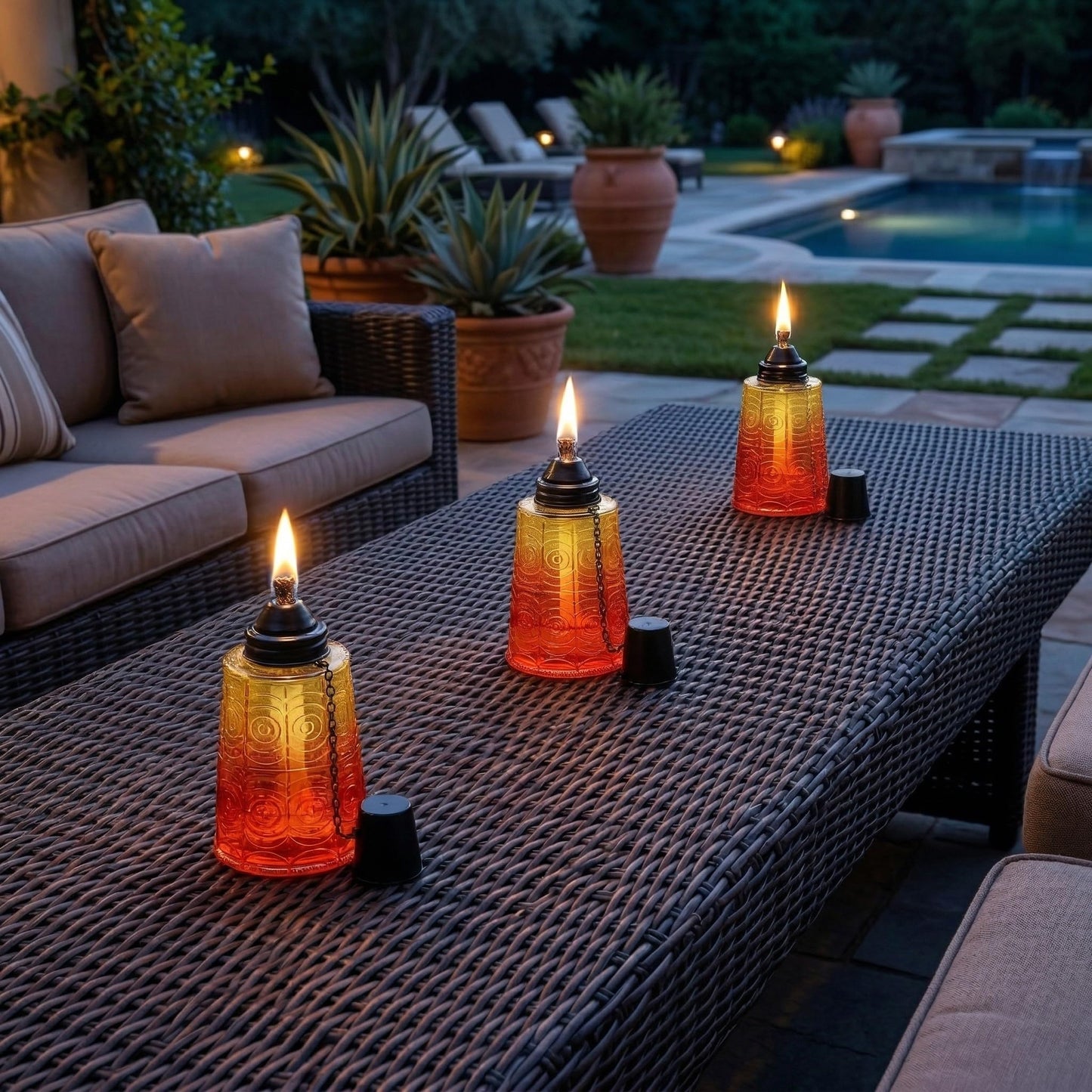 Citronella Table Top Torches for Outdoor Patio, 16oz Decorative Glass Torch Citronella Candles for Outside Deck, Garden, Parties, Set of 3, Sunset Orange - Sunset - PT06