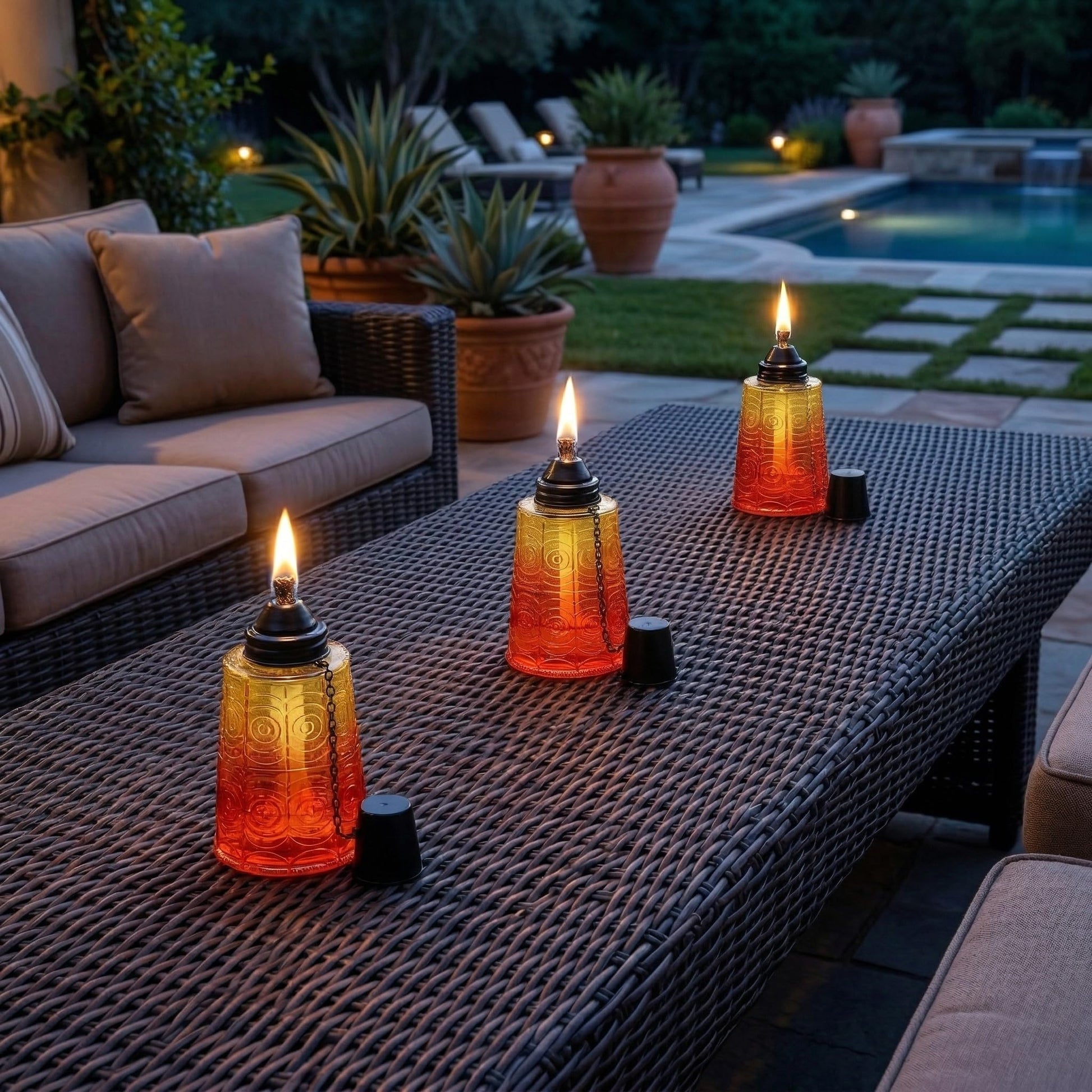 Citronella Table Top Torches for Outdoor Patio, 16oz Decorative Glass Torch Citronella Candles for Outside Deck, Garden, Parties, Set of 3, Sunset Orange - Sunset - PT06