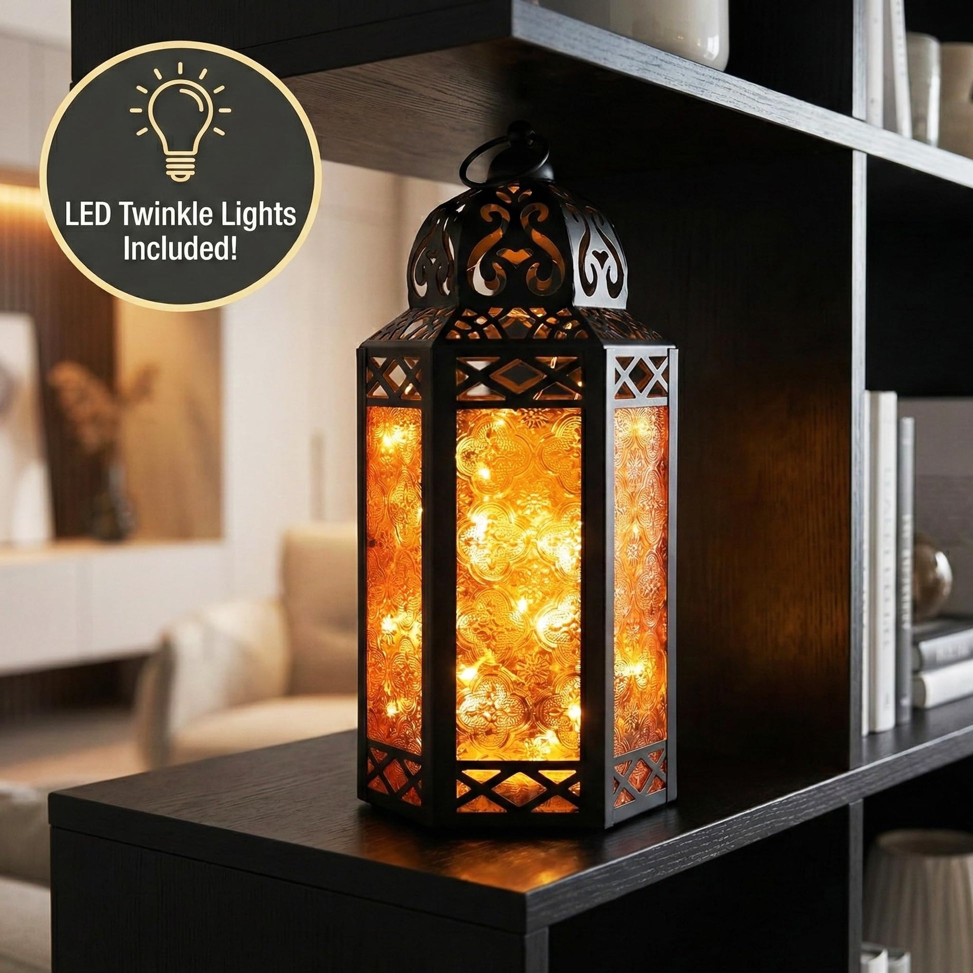 Metal Moroccan Decorative LED Fairy Lights Candle Lantern Holders for Indoor Home Fantasy Decor, Table Centerpieces, Outdoor Patio or Porch, Weddings, Medium - Amber Large - PT01