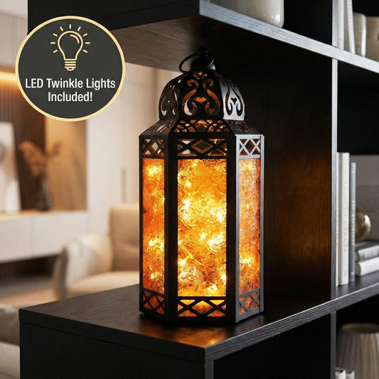 Metal Moroccan Decorative LED Fairy Lights Candle Lantern Holders for Indoor Home Fantasy Decor, Table Centerpieces, Outdoor Patio or Porch, Weddings, Medium - Amber Large - PT01