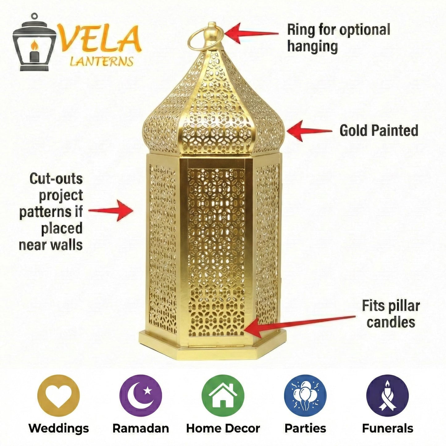 Tower Temple Moroccan Lantern Lamp Decorative Candle Holders - Gold Extra Large - PT04