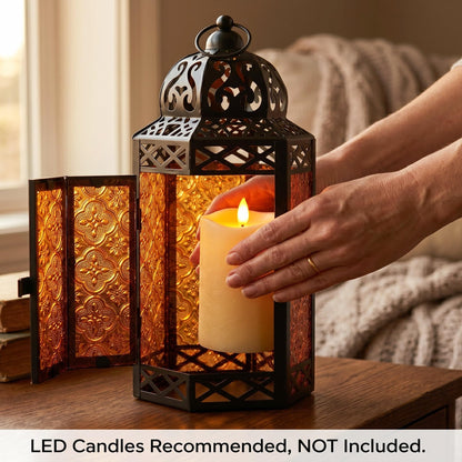 Black Metal Decorative Moroccan Lantern Candle Holder Lamp - Indoor/Outdoor, Home Decor, Patio, Weddings, Christmas - Amber Large - PT08