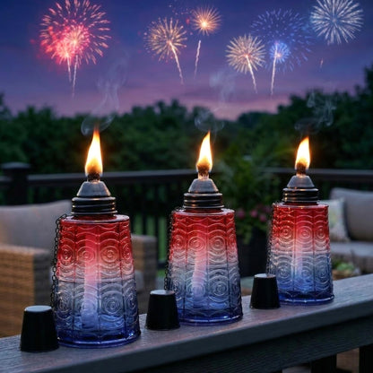 Citronella Table Top Torches for Outdoor Patio, 16oz Decorative Glass Torch Citronella Candles for Outside Deck, Garden, Parties, Set of 3, Red/White/Blue - Red/White/Blue - PT05