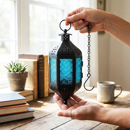 Hanging Moroccan Decorative Candle Lantern Holders for Outdoor Décor - Aqua Blue Hanging - PT03