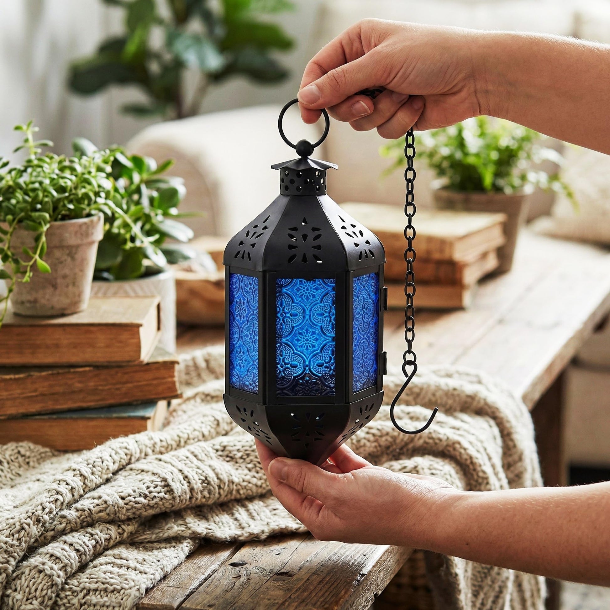 Hanging Moroccan Decorative Candle Lantern Holders for Outdoor Décor - Cobalt Blue Hanging - PT03