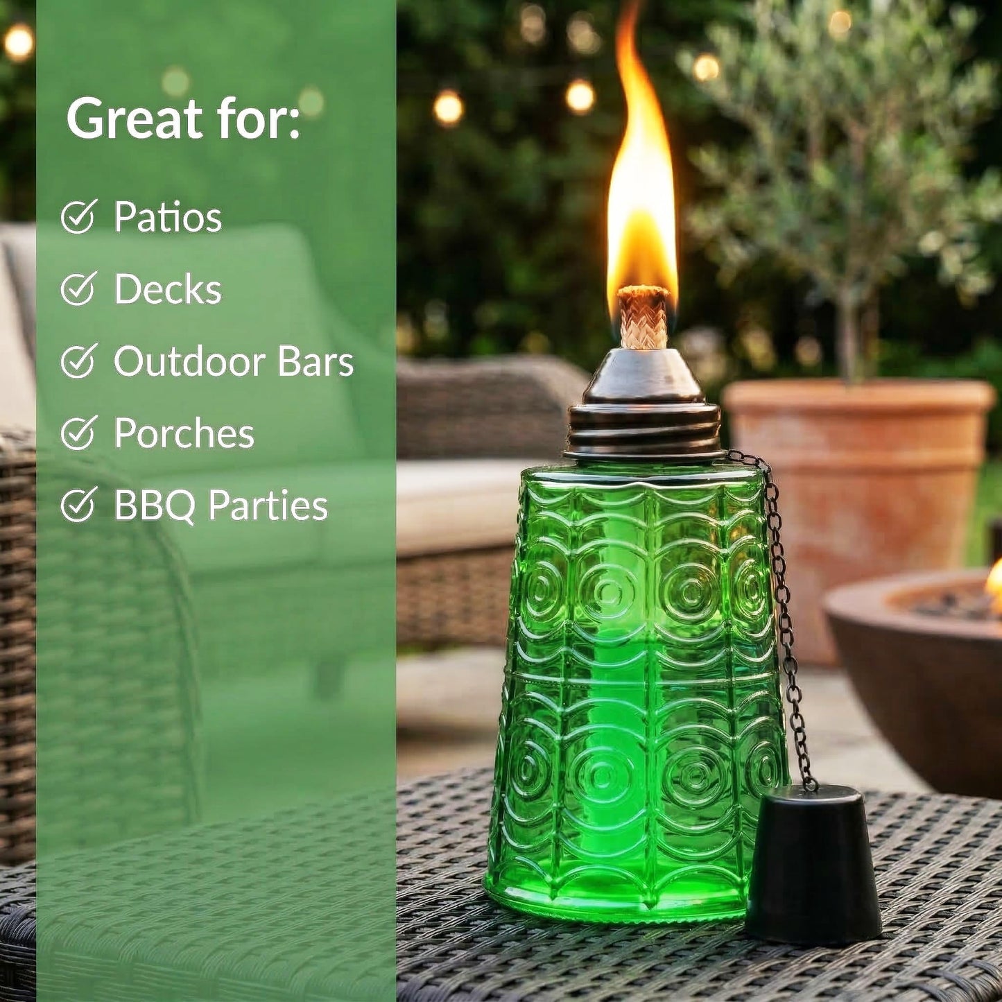 Citronella Table Top Torches for Outdoor Patio, 16oz Decorative Glass Torch Citronella Candles for Outside Deck, Garden, Parties, Set of 3, Green - Green - PT03