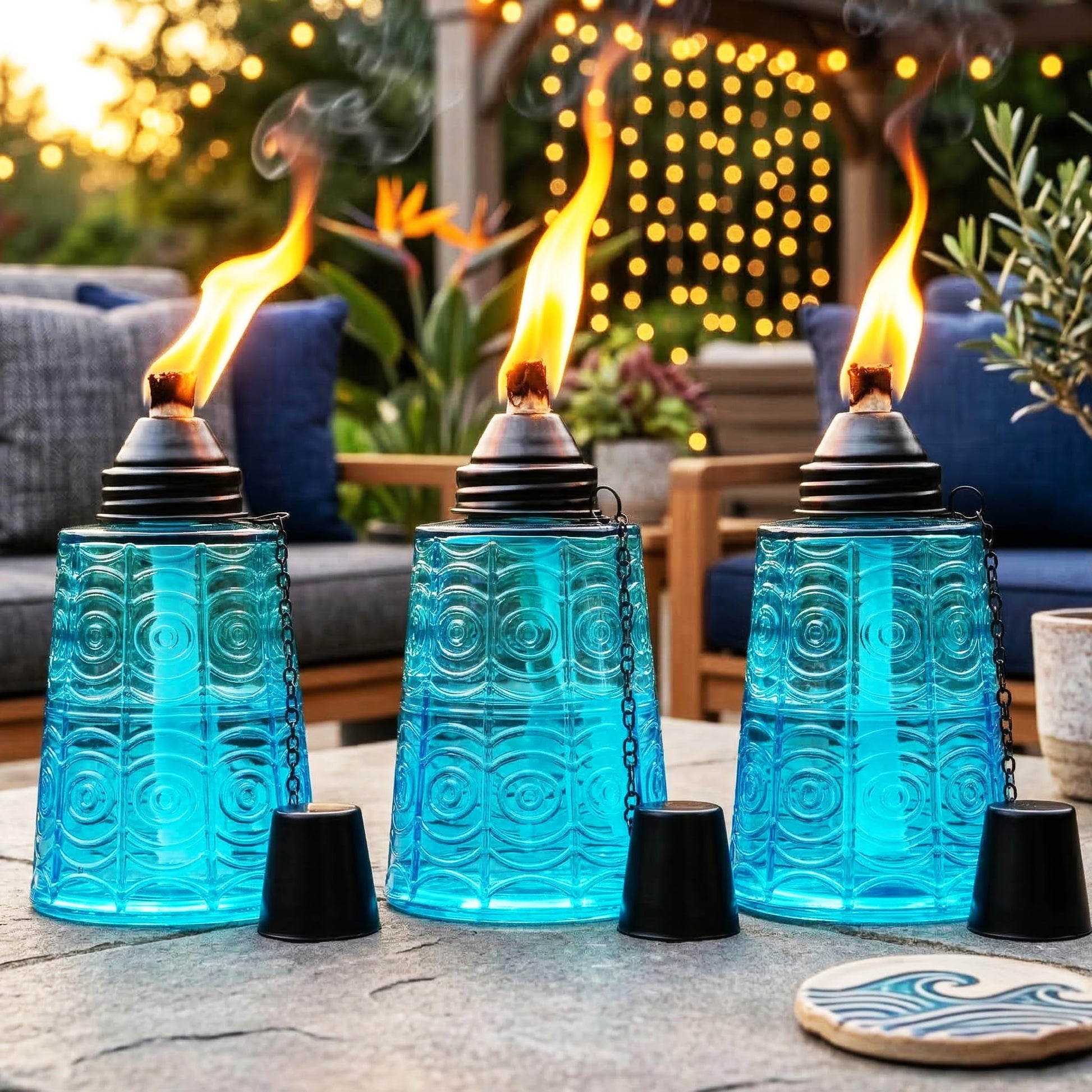 Citronella Table Top Torches for Outdoor Patio, 16oz Decorative Glass Torch Citronella Candles for Outside Deck, Garden, Parties, Set of 3, Blue - Blue - MAIN