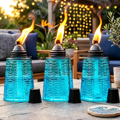 Citronella Table Top Torches for Outdoor Patio, 16oz Decorative Glass Torch Citronella Candles for Outside Deck, Garden, Parties, Set of 3, Blue - Blue - MAIN