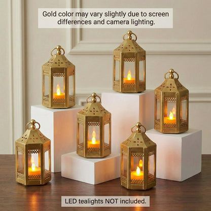 6pc Mini Small 4.5 Inch Metal Moroccan Lanterns Decorative Candle Tealight Holders for Centerpieces, Ramadan, Home Decor, Weddings, Gold - Gold Set of 6 - PT01