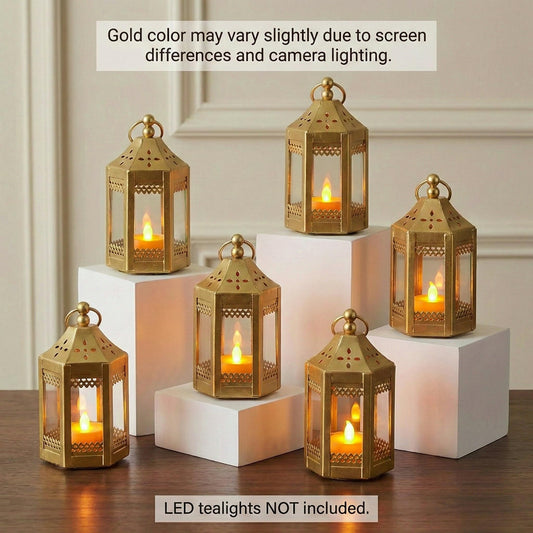 6pc Mini Small 4.5 Inch Metal Moroccan Lanterns Decorative Candle Tealight Holders for Centerpieces, Ramadan, Home Decor, Weddings, Gold - Gold Set of 6 - PT01