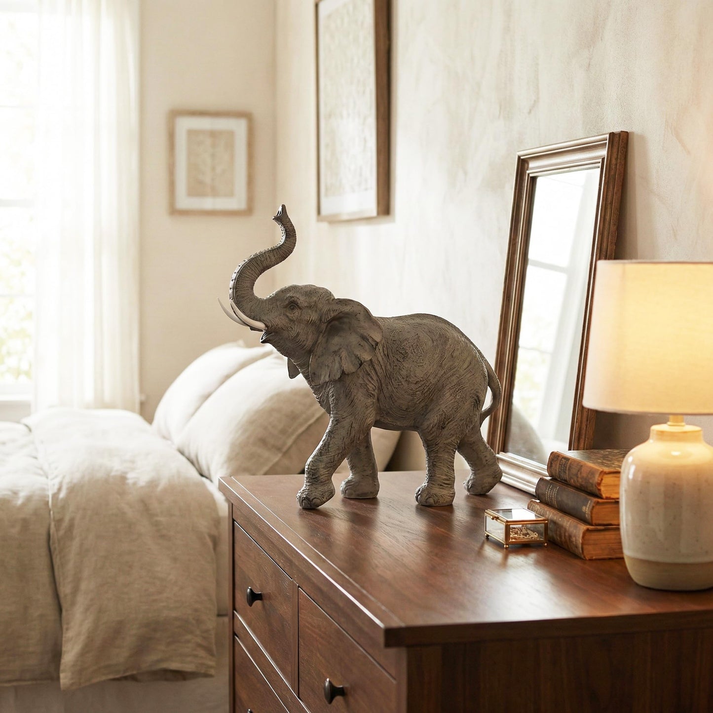 Large 13" African Elephant Statue Gifts for Women, Big Elephant Decor Scuplture with Trunk Up for Home Decor - Brown Large Elephant with Trunk Up - PT06