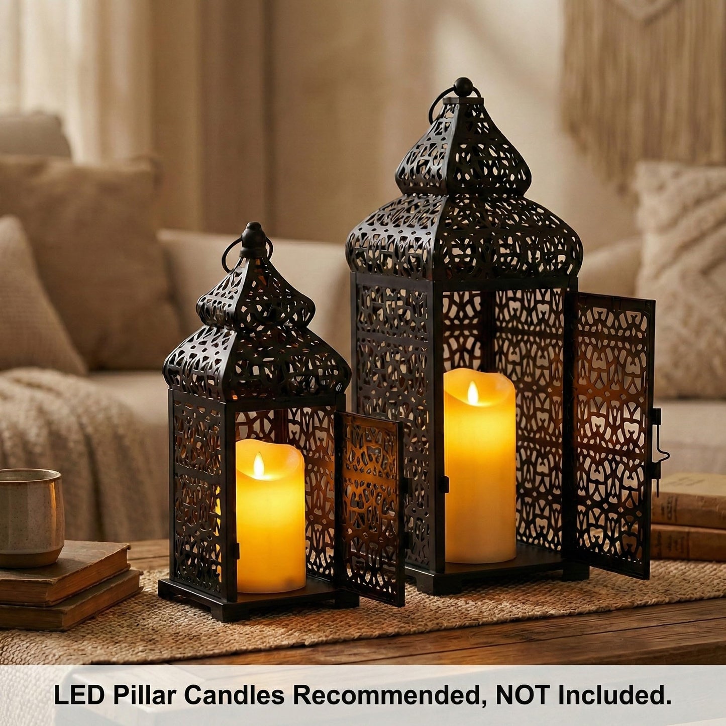 Large Temple Moroccan Lantern Lamp Decorative Candle Holders for Ramadan Decorations, Hanging, Outdoor Patio or Porch, Indoor Home Decor, Weddings, Black, Set o - Black 11" and 15" - PT02