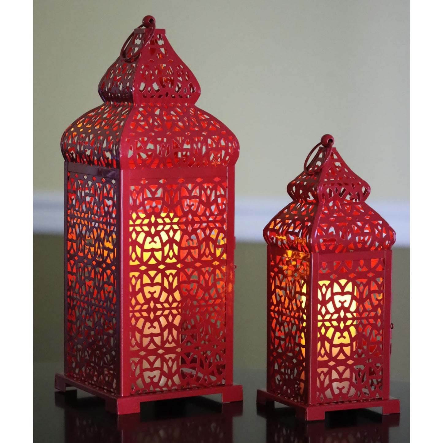 Large Temple Moroccan Lantern Lamp Decorative Candle Holders for Ramadan Decorations, Hanging, Outdoor Patio or Porch, Indoor Home Decor, Red, Set of 2 - Red 11" and 15" - PT06