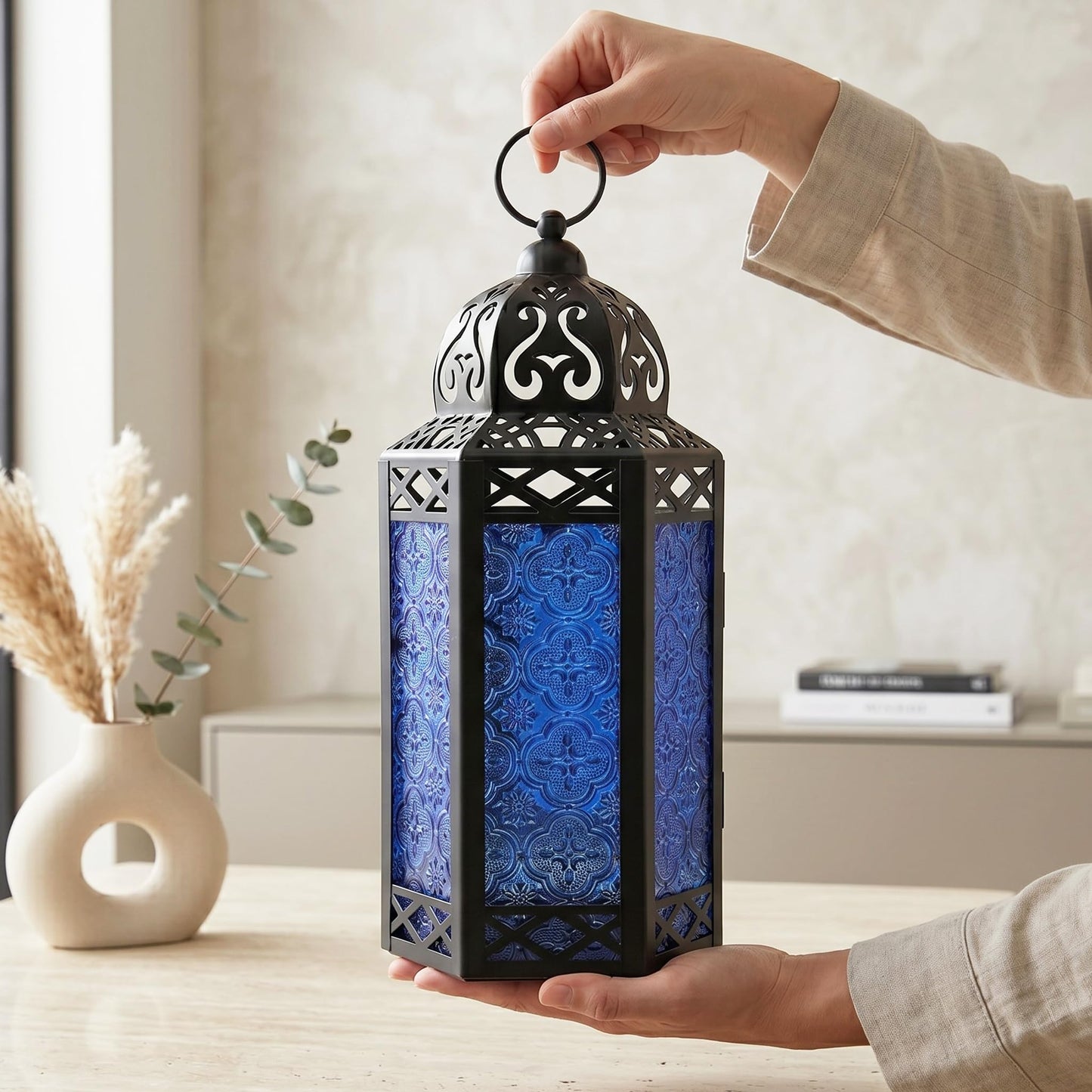 Black Metal Decorative Moroccan Lantern Candle Holder Lamp - Indoor/Outdoor, Home Decor, Patio, Weddings, Christmas - Cobalt Large - PT02