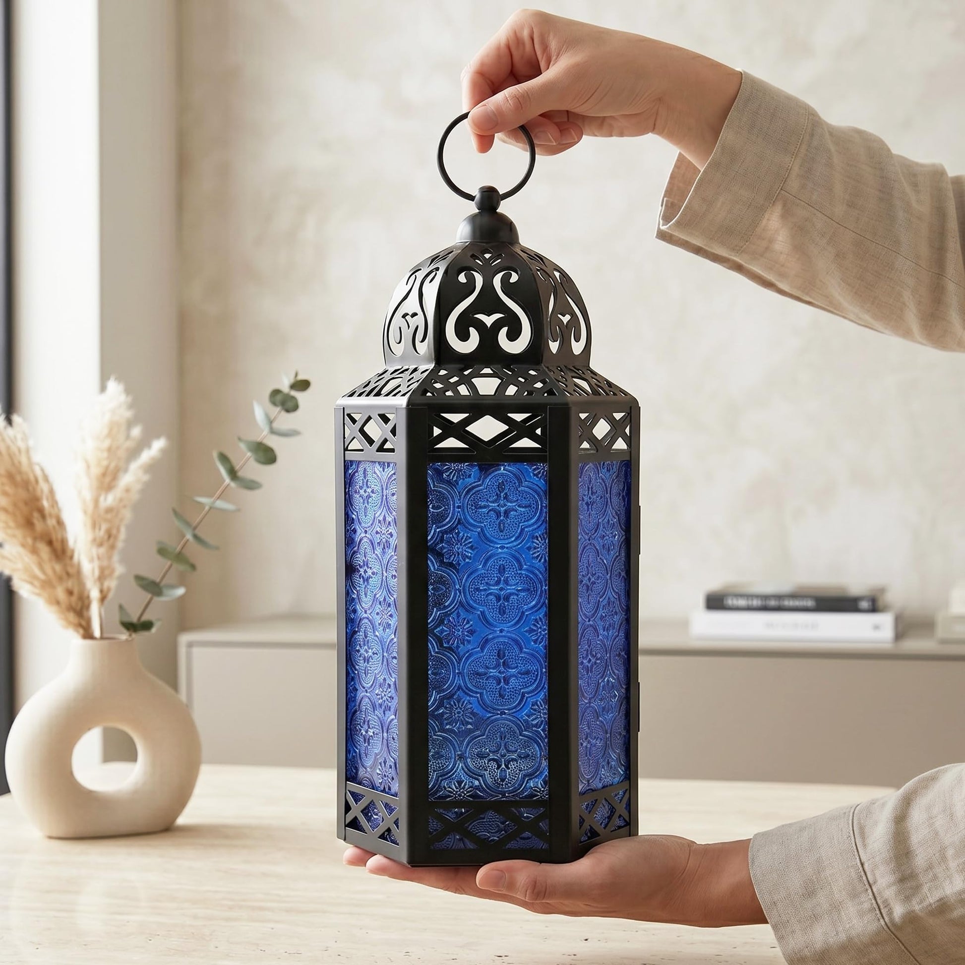 Metal Moroccan Decorative LED Fairy Lights Candle Lantern Holders for Indoor Home Fantasy Decor, Table Centerpieces, Outdoor Patio or Porch, Weddings, Medium - Cobalt Large - PT02