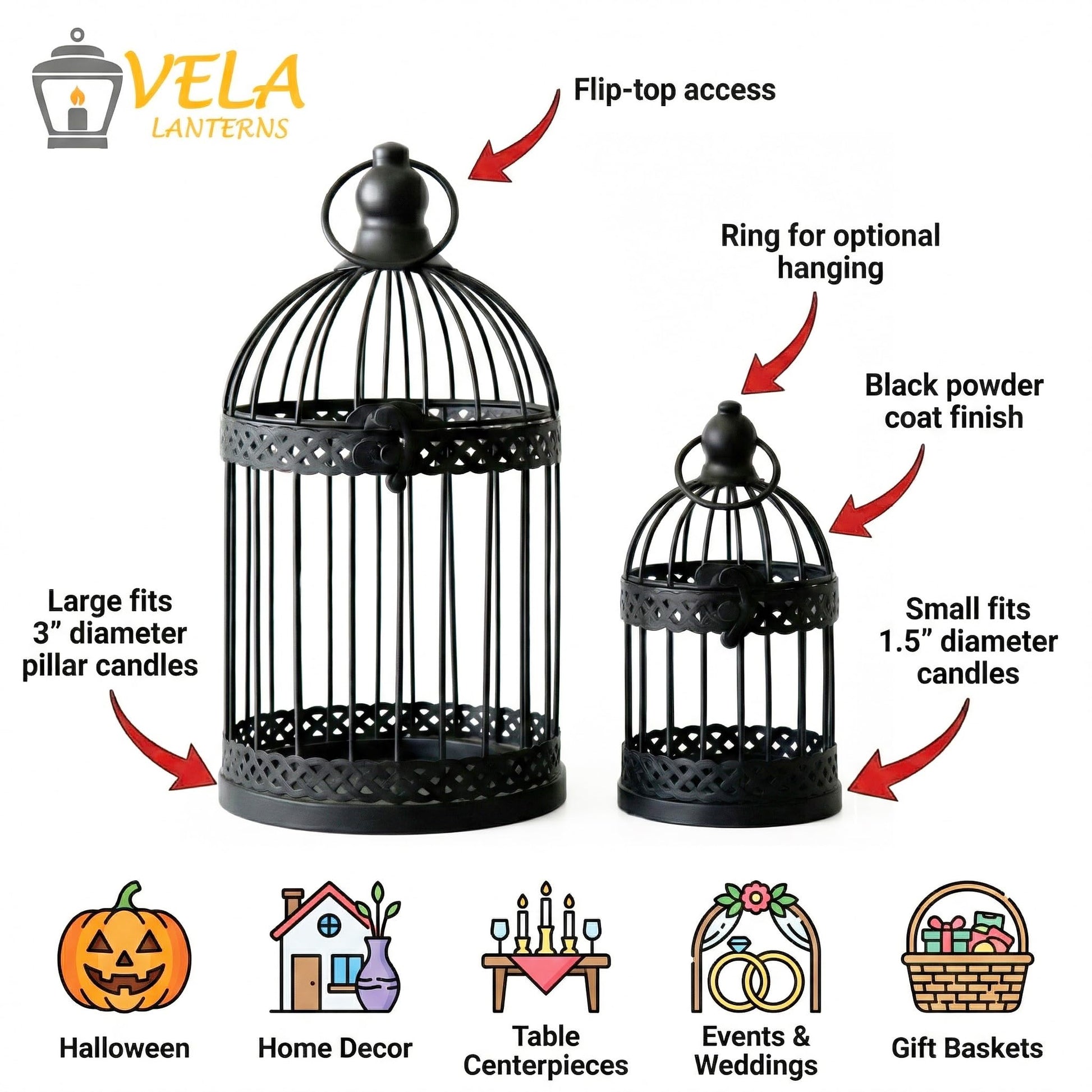 Birdcage Candle Lantern Set - Black Large and Small - PT04