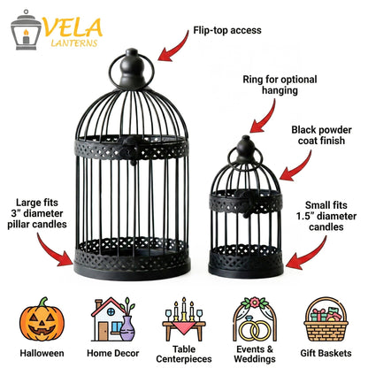 Birdcage Candle Lantern Set - Black Large and Small - PT04