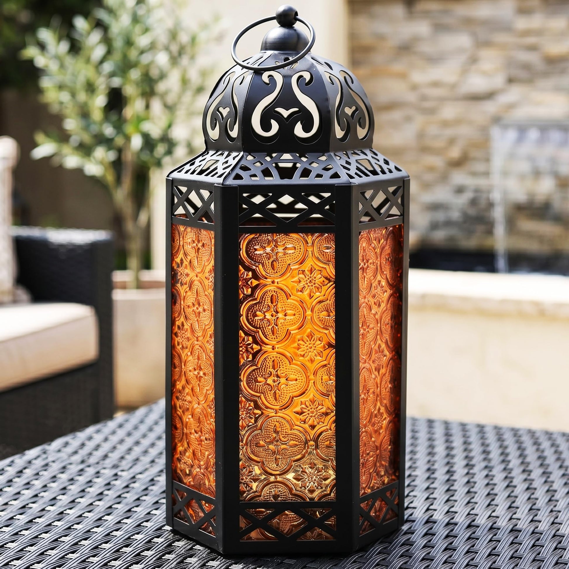 Black Metal Decorative Moroccan Lantern Candle Holder Lamp - Indoor/Outdoor, Home Decor, Patio, Weddings, Christmas - Amber Large - PT01