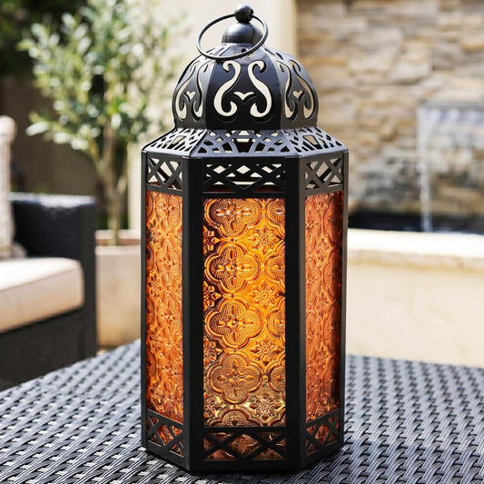 Black Metal Decorative Moroccan Lantern Candle Holder Lamp - Indoor/Outdoor, Home Decor, Patio, Weddings, Christmas - Amber Large - PT01
