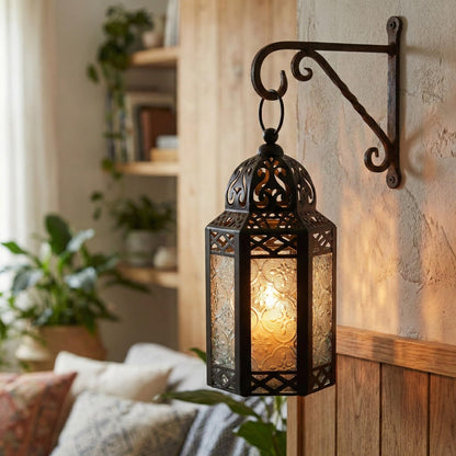 Black Metal Decorative Moroccan Lantern Candle Holder Lamp - Indoor/Outdoor, Home Decor, Patio, Weddings, Christmas - Clear Small - PT08
