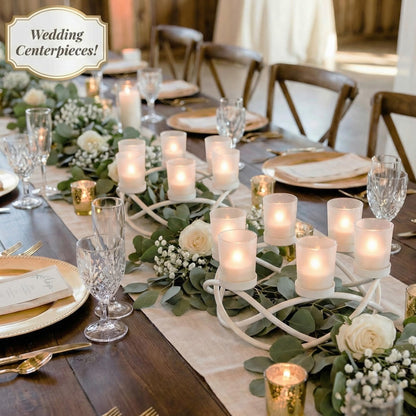 Iron Round Table Decor Centerpiece Decorations Candle Holder for Weddings, Outdoor Patio, Kitchen, Dining Room, and Coffee Tables, Glass Votive Tealight Holders - White 6-Cup - PT02