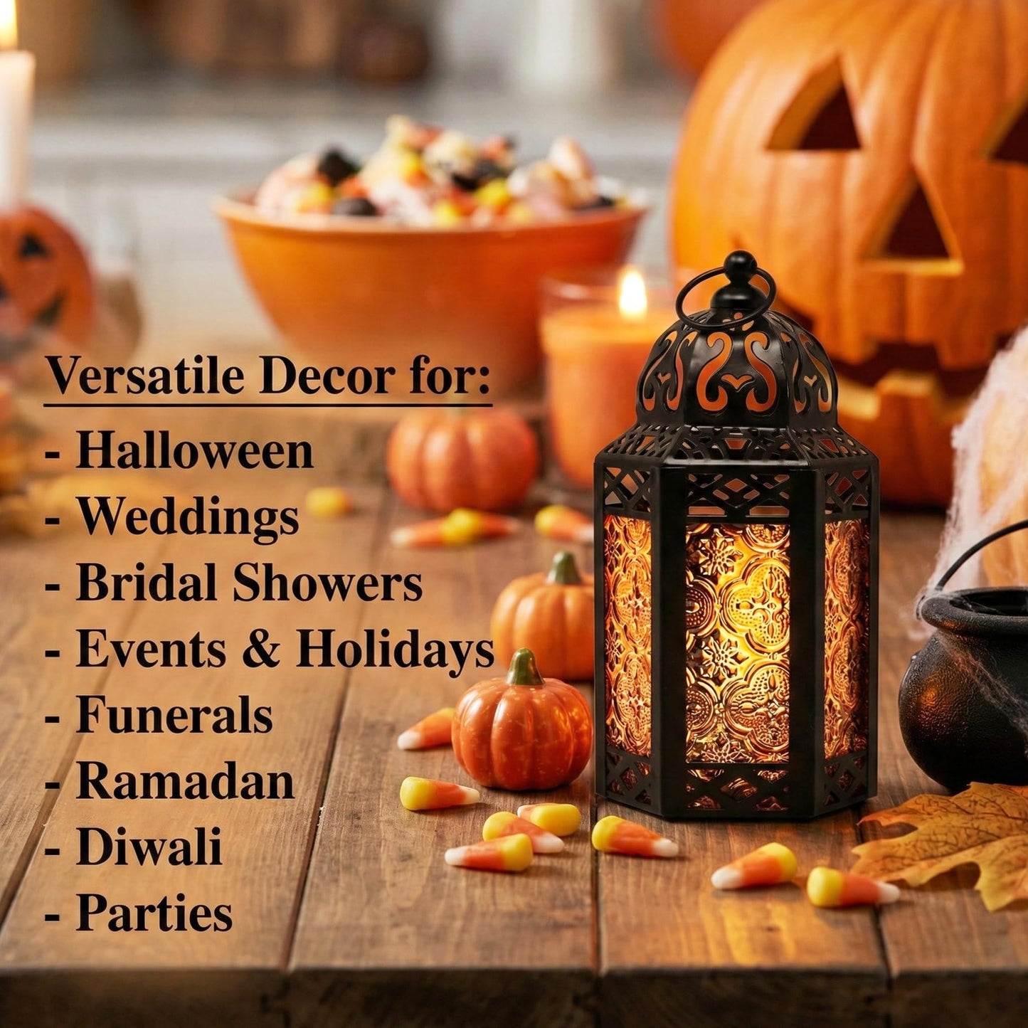 Black Metal Decorative Moroccan Lantern Candle Holder Lamp - Indoor/Outdoor, Home Decor, Patio, Weddings, Christmas - Amber Small - PT02