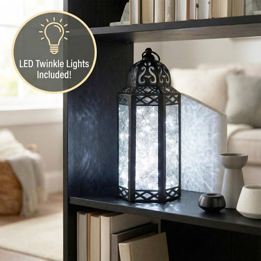 Metal Moroccan Decorative LED Fairy Lights Candle Lantern Holders for Indoor Home Fantasy Decor, Table Centerpieces, Outdoor Patio or Porch, Weddings, Medium - Clear Medium - PT01
