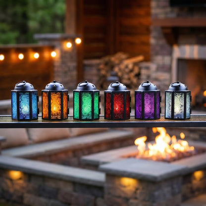 Mini Moroccan Tea Light Candle Holder Lanterns – 4.25" Small Decorative Lantern for Table or Hanging, Metal with Glass Panels – Ramadan, Wedding, Home Decor, As - Assorted Colors 6 - PT06