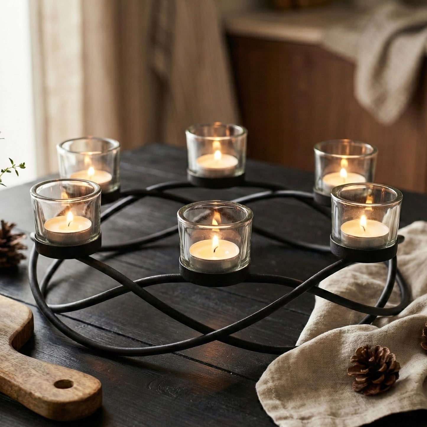 Iron Oval Table Decor Centerpiece Decorations Candle Holder for Weddings, Outdoor Patio, Kitchen, Dining Room, and Coffee Tables, Glass Votive Tealight Holders, - Oval Clear 6-Cup - MAIN