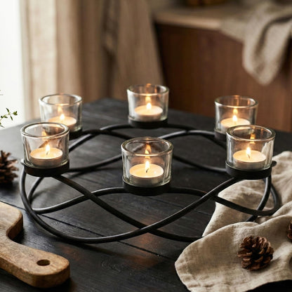 Iron Oval Table Decor Centerpiece Decorations Candle Holder for Weddings, Outdoor Patio, Kitchen, Dining Room, and Coffee Tables, Glass Votive Tealight Holders, - Oval Clear 6-Cup - MAIN