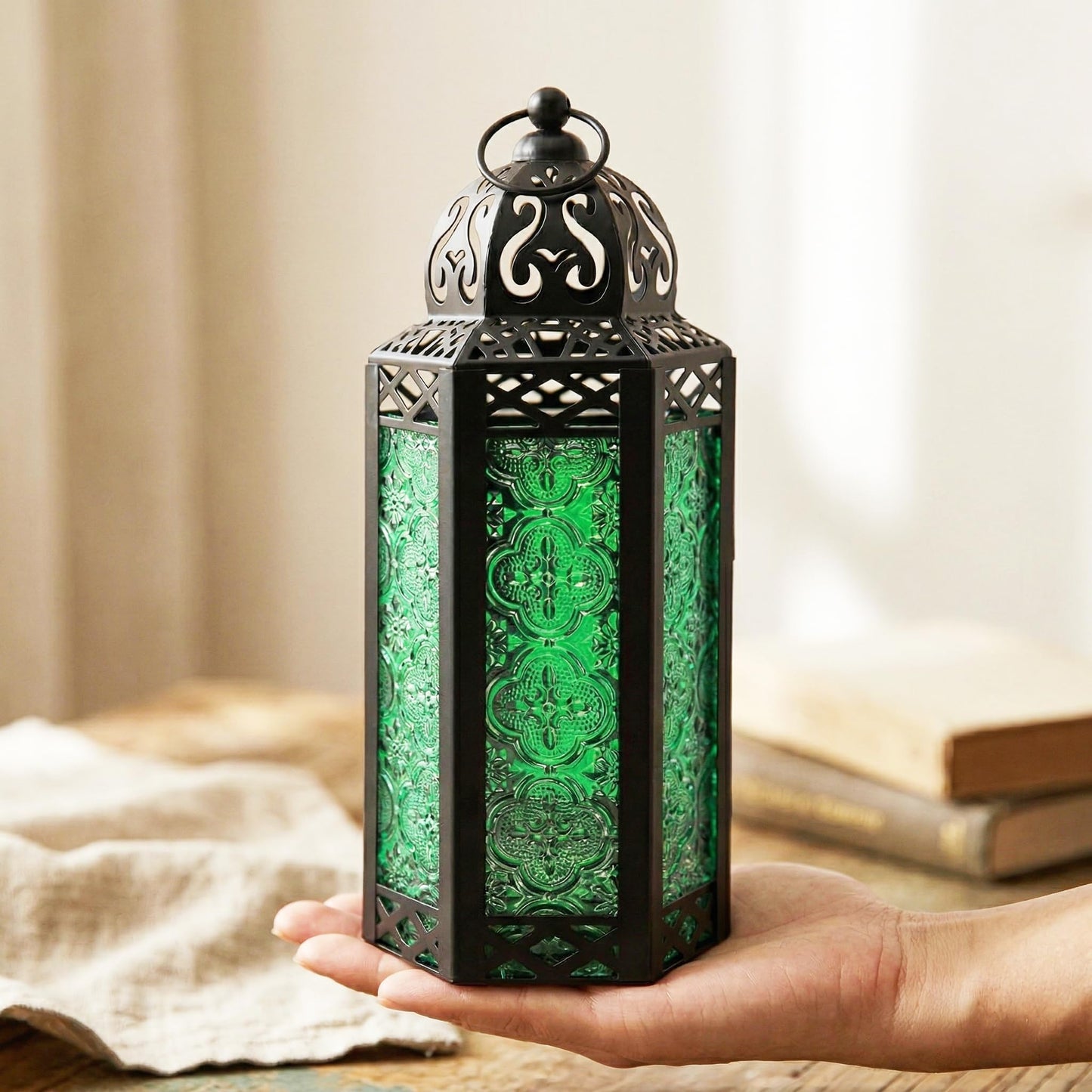 Black Metal Decorative Moroccan Lantern Candle Holder Lamp - Indoor/Outdoor, Home Decor, Patio, Weddings, Christmas - Green Medium - PT03