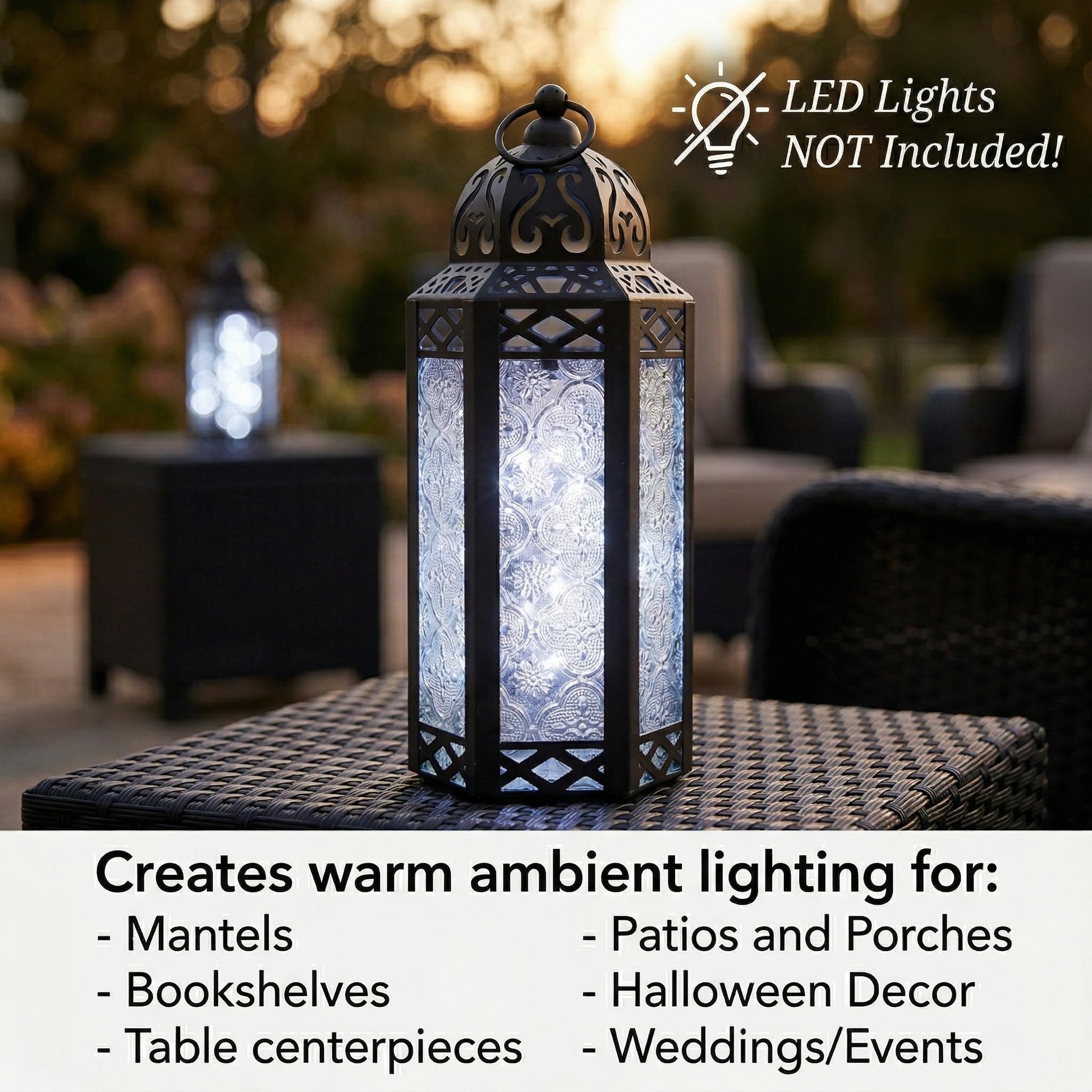 Black Metal Decorative Moroccan Lantern Candle Holder Lamp - Indoor/Outdoor, Home Decor, Patio, Weddings, Christmas - Clear Medium - PT03