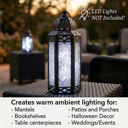 Black Metal Decorative Moroccan Lantern Candle Holder Lamp - Indoor/Outdoor, Home Decor, Patio, Weddings, Christmas - Clear Medium - PT03