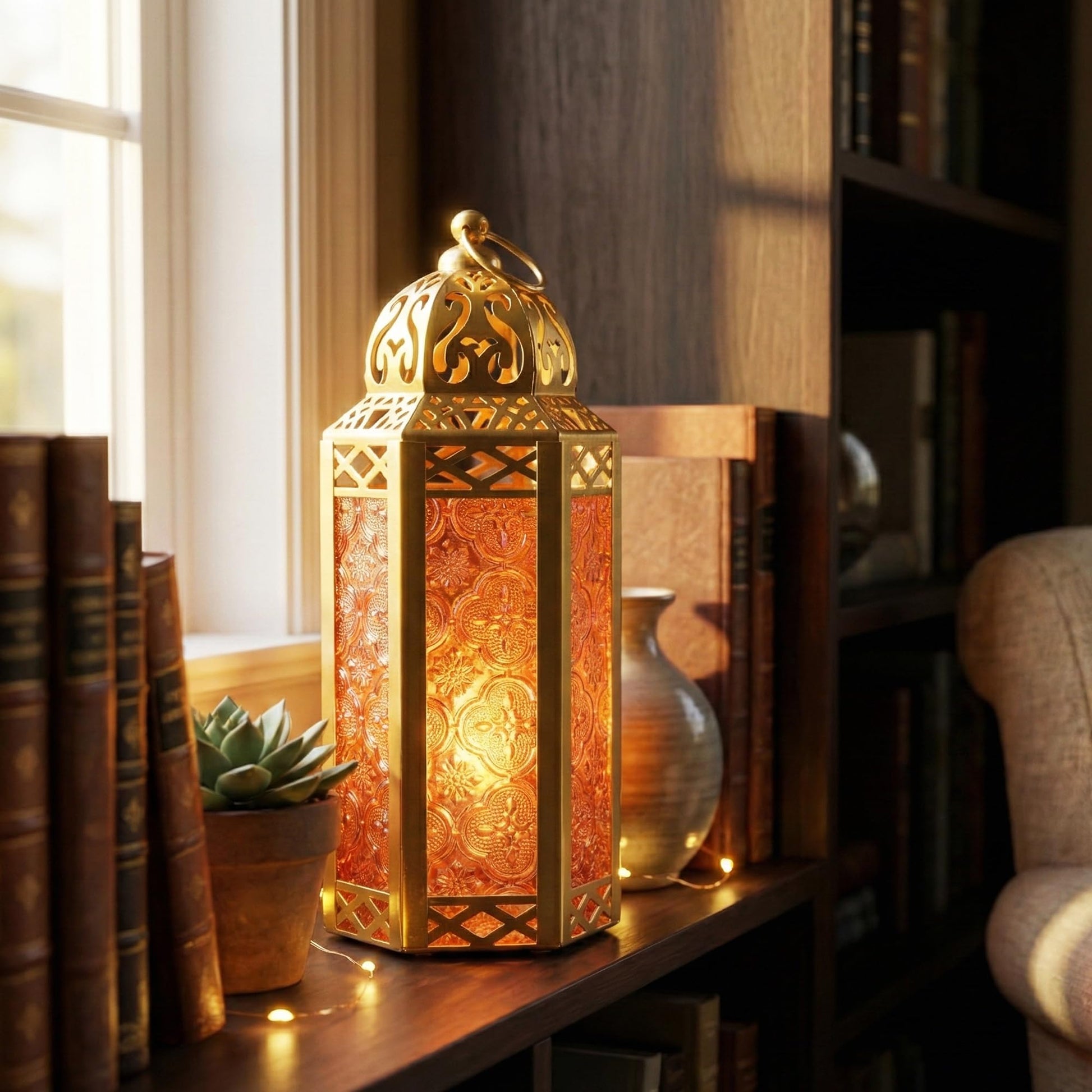 Gold Metal Decorative Moroccan Lantern Candle Holder Lamp - Indoor/Outdoor, Home Decor, Patio, Weddings, Christmas - Gold/Amber Medium - PT07