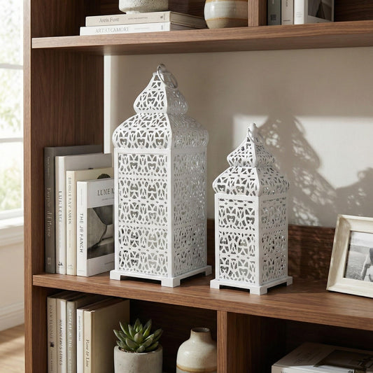 Large Temple Moroccan Lantern Lamp Decorative Candle Holders for Ramadan Decorations, Hanging, Outdoor Patio or Porch, Indoor Home Decor, Weddings, White, Set o - White 11" and 15" - PT01