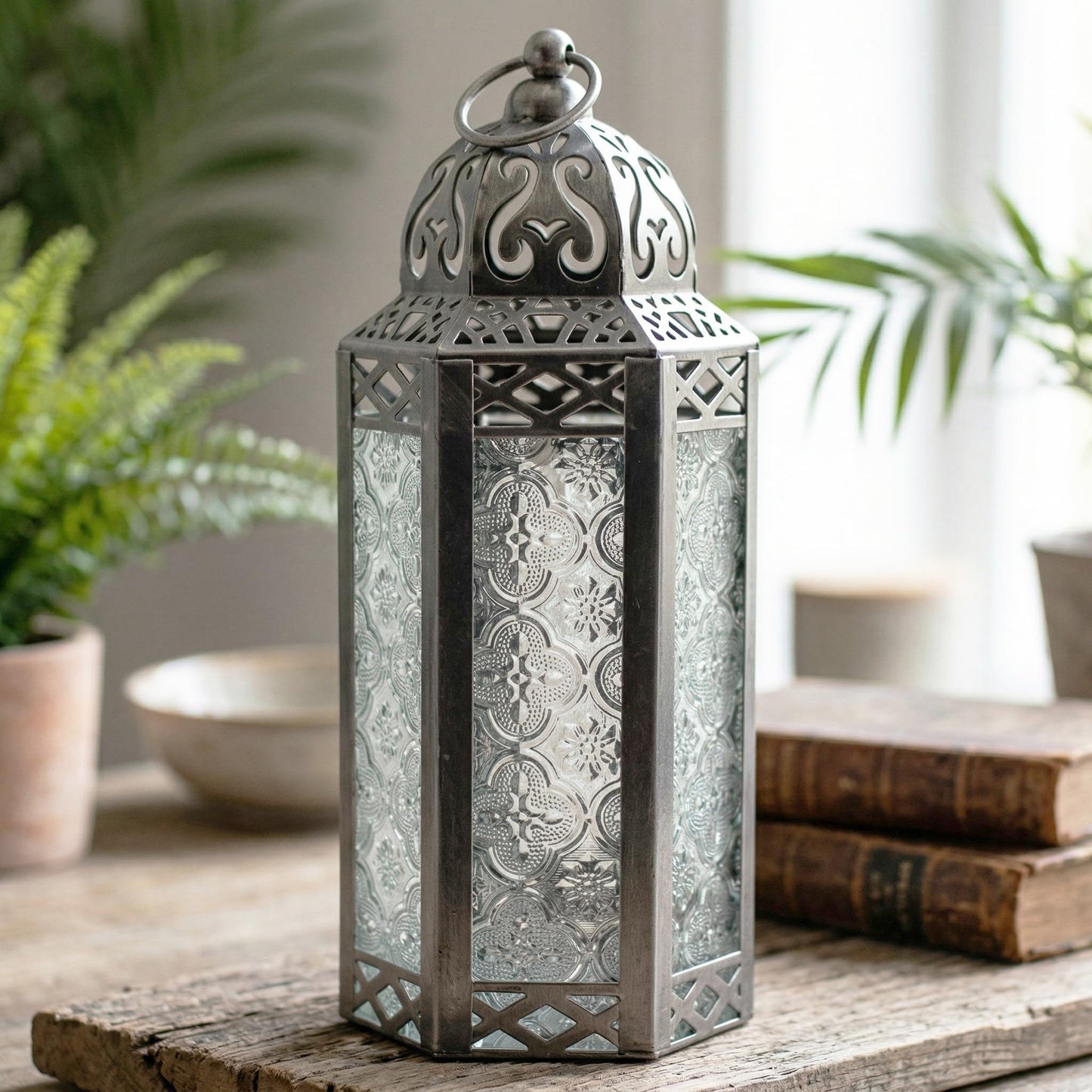 Black Metal Decorative Moroccan Lantern Candle Holder Lamp - Indoor/Outdoor, Home Decor, Patio, Weddings, Christmas - Silver Medium - PT01