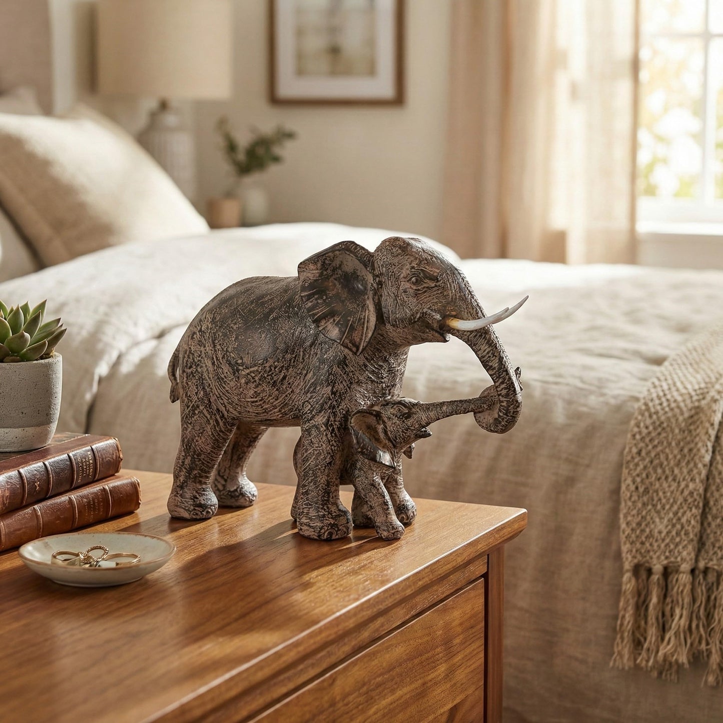 Large Elephant Decor Gifts for Women, African Elephants Mother with Walking Baby Statue - Gray Mother Elephant with Walking Baby - PT03