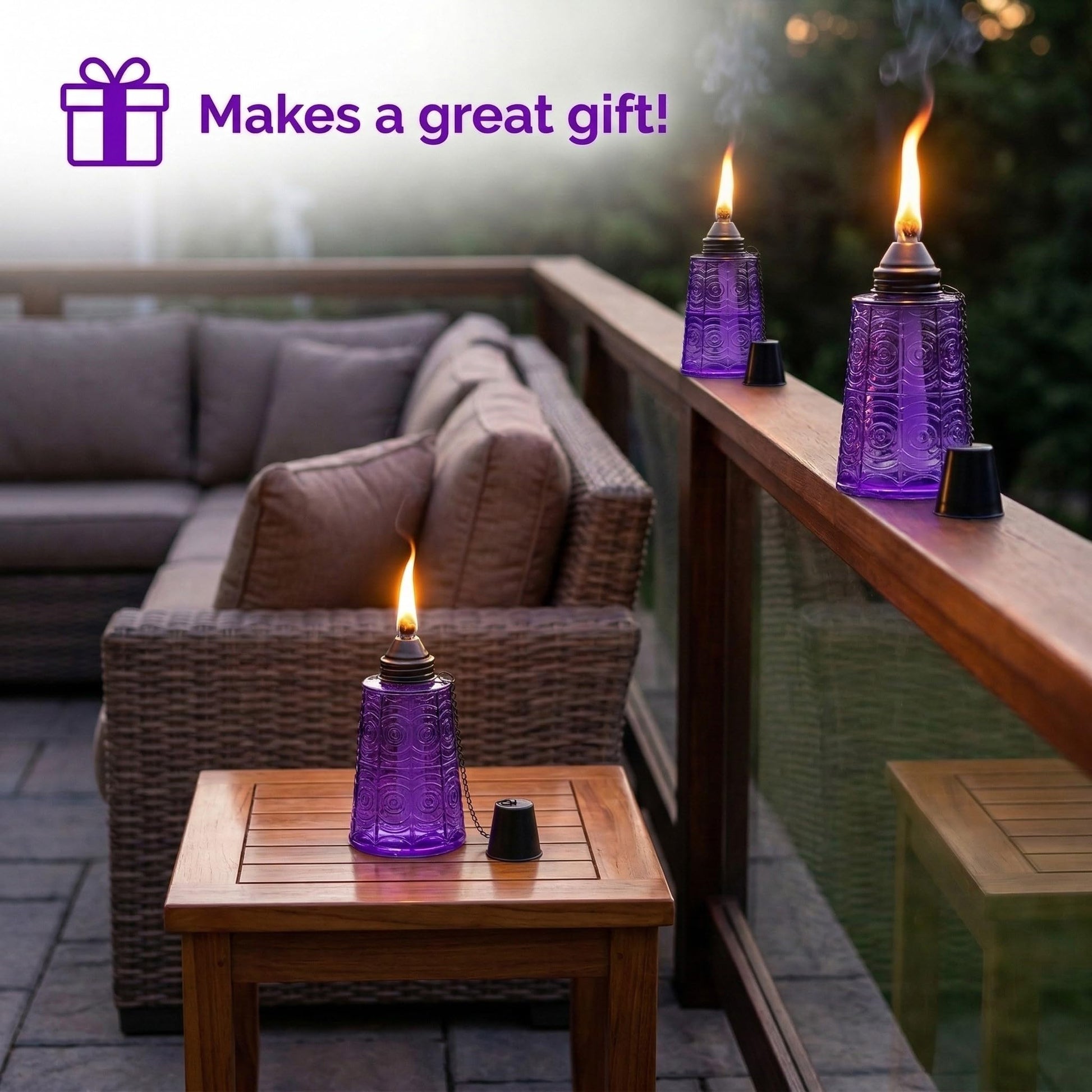 Citronella Table Top Torches for Outdoor Patio, 16oz Decorative Glass Torch Citronella Candles for Outside Deck, Garden, Parties, Set of 3, Purple - Purple - PT03