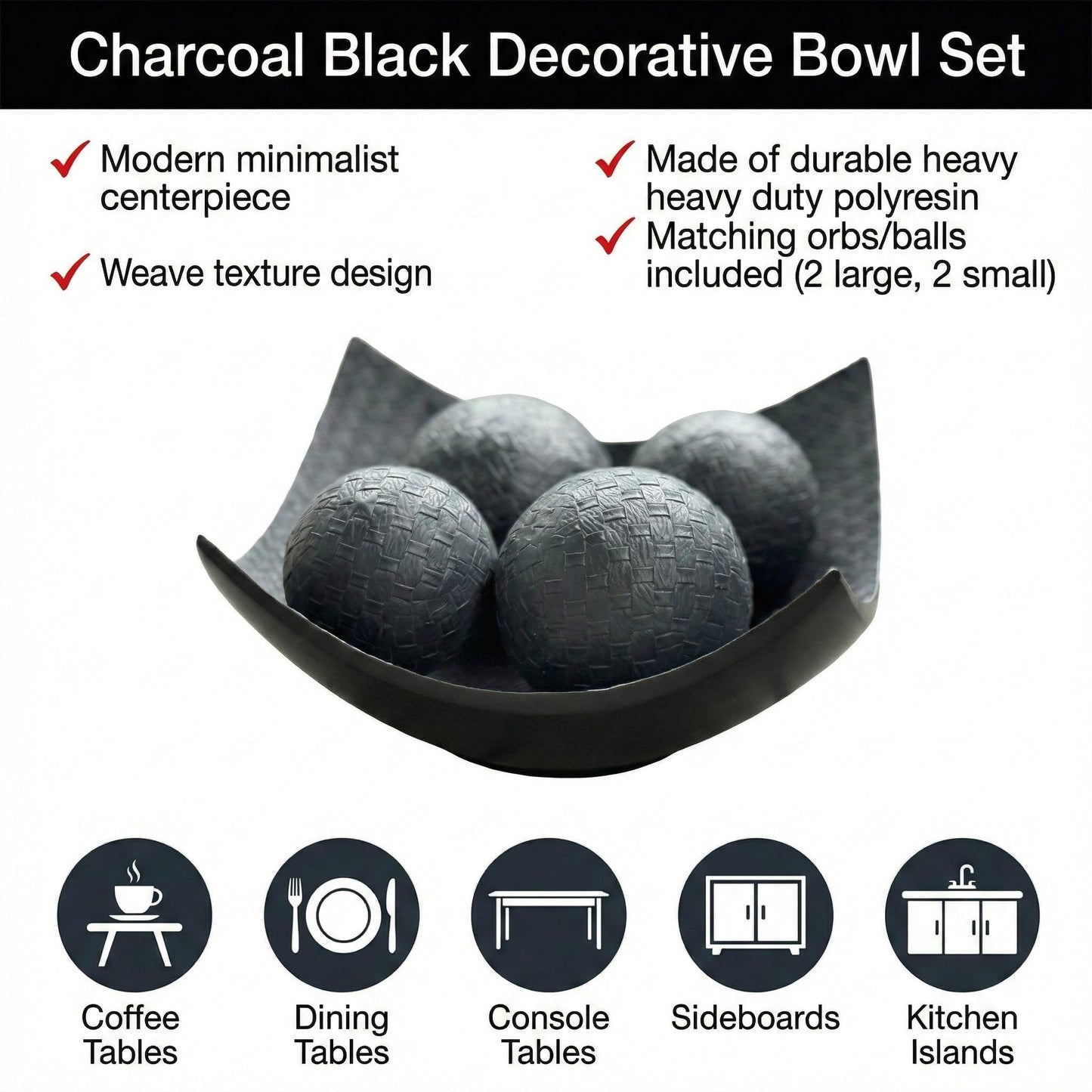 5pc Scoop Bowl Table Centerpieces for Dining Room, Large Decorative Bowls for Coffee Table Decor, Kitchen, Orbs/Balls Included, 14" diagonal. 11" wide and 5.75" - Charcoal Black Large - PT02