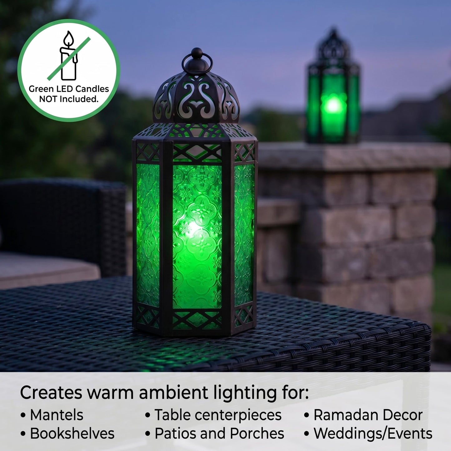 Black Metal Decorative Moroccan Lantern Candle Holder Lamp - Indoor/Outdoor, Home Decor, Patio, Weddings, Christmas - Green Large - PT02