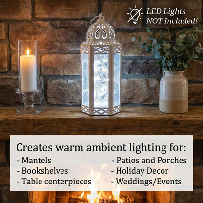 Black Metal Decorative Moroccan Lantern Candle Holder Lamp - Indoor/Outdoor, Home Decor, Patio, Weddings, Christmas - White/Clear Medium - PT05