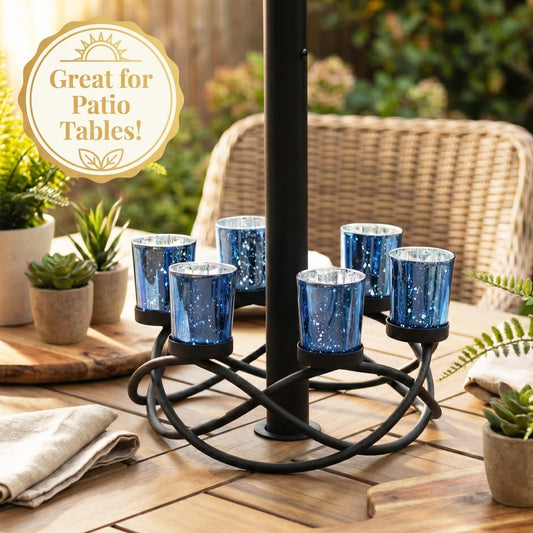 Iron Round Table Decor Centerpiece Decorations Candle Holder for Weddings, Outdoor Patio, Kitchen, Dining Room, and Coffee Tables, Glass Votive Tealight Holders - Black/Blue circular - PT01
