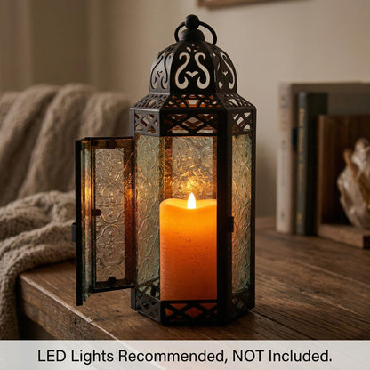 Black Metal Decorative Moroccan Lantern Candle Holder Lamp - Indoor/Outdoor, Home Decor, Patio, Weddings, Christmas - Clear Medium - PT08