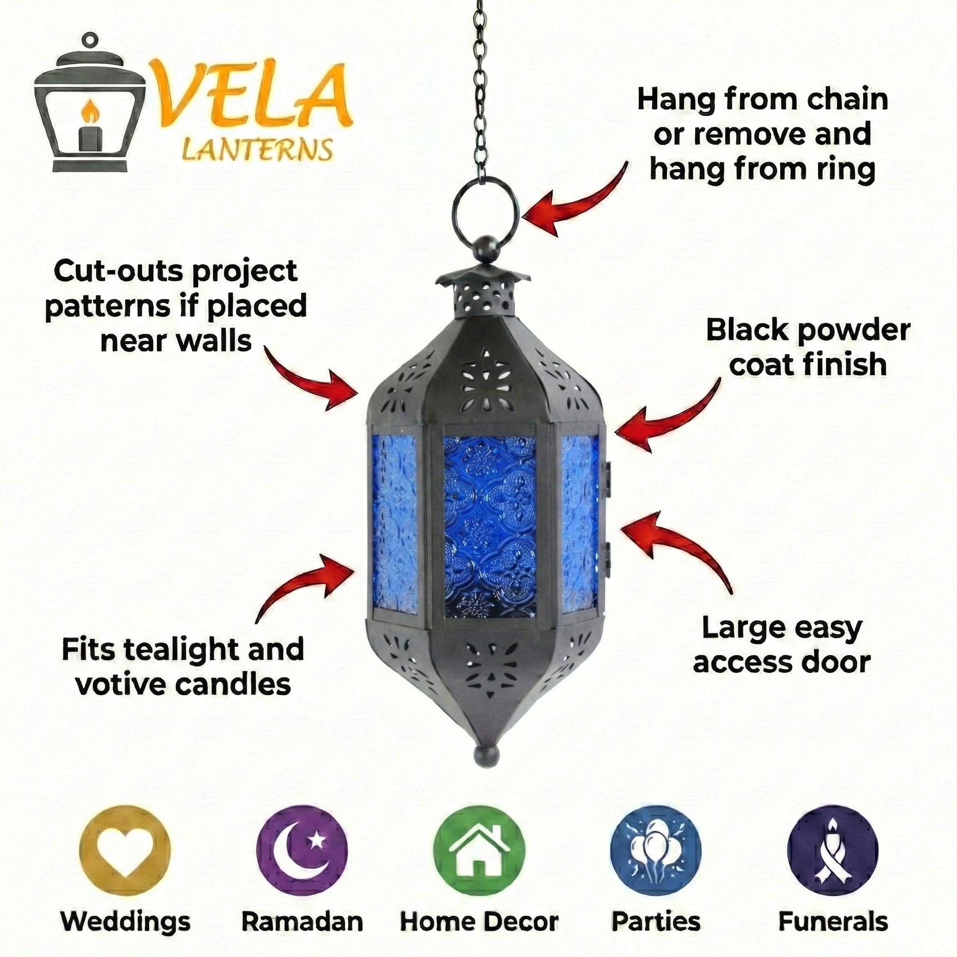 Hanging Moroccan Decorative Candle Lantern Holders for Outdoor Décor - Cobalt Blue Hanging - PT04