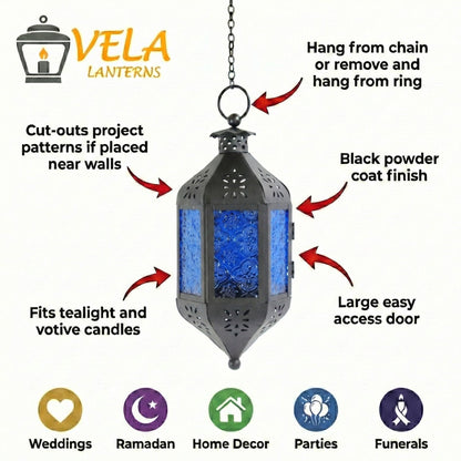 Hanging Moroccan Decorative Candle Lantern Holders for Outdoor Décor - Cobalt Blue Hanging - PT04