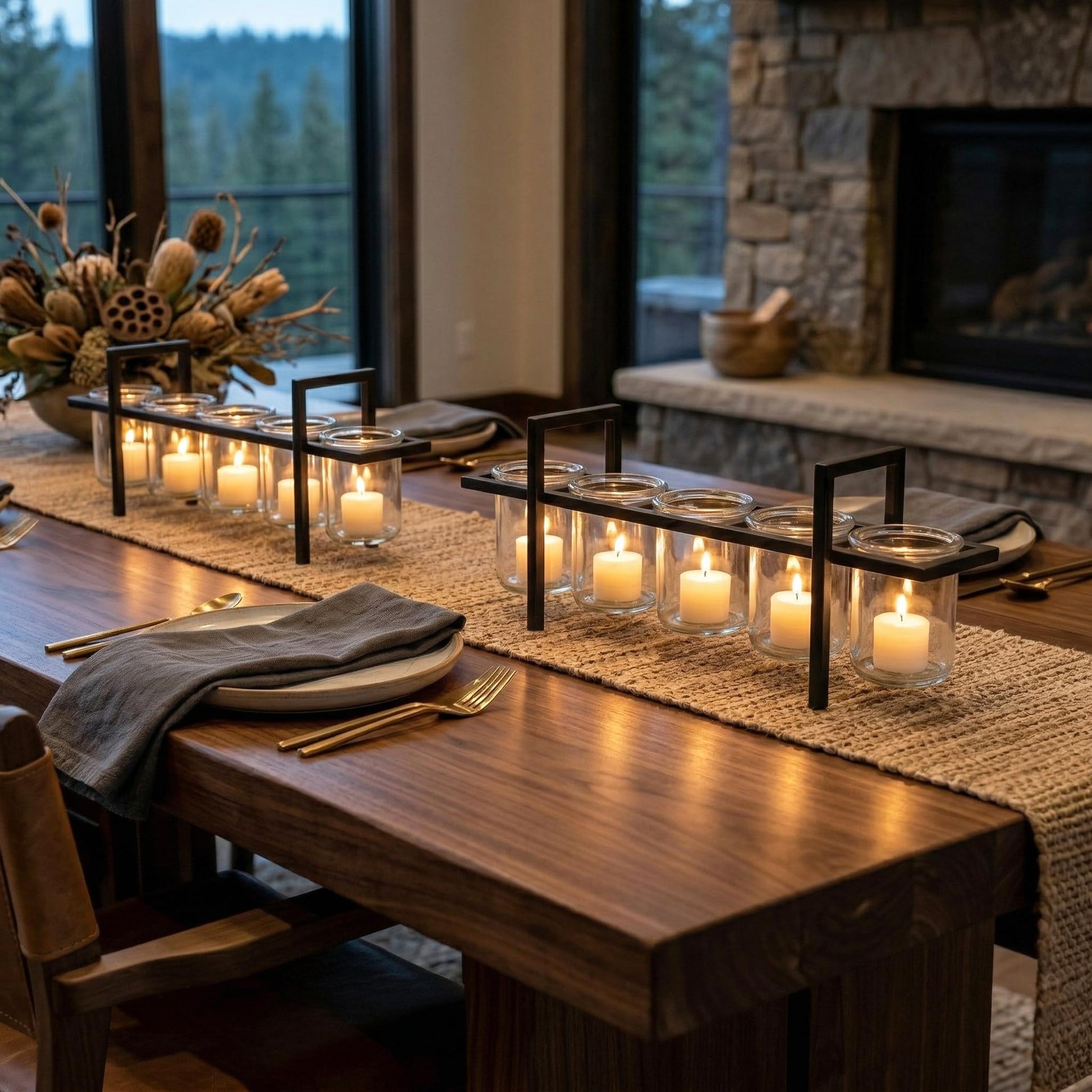 5-Cup Rustic Modern Floating Candle Holder Table Centerpiece Decoration for Dining Room, Kitchen, Patio, Weddings, Metal Iron with Glass Cups, 16" Long - Black 5-cup - PT08