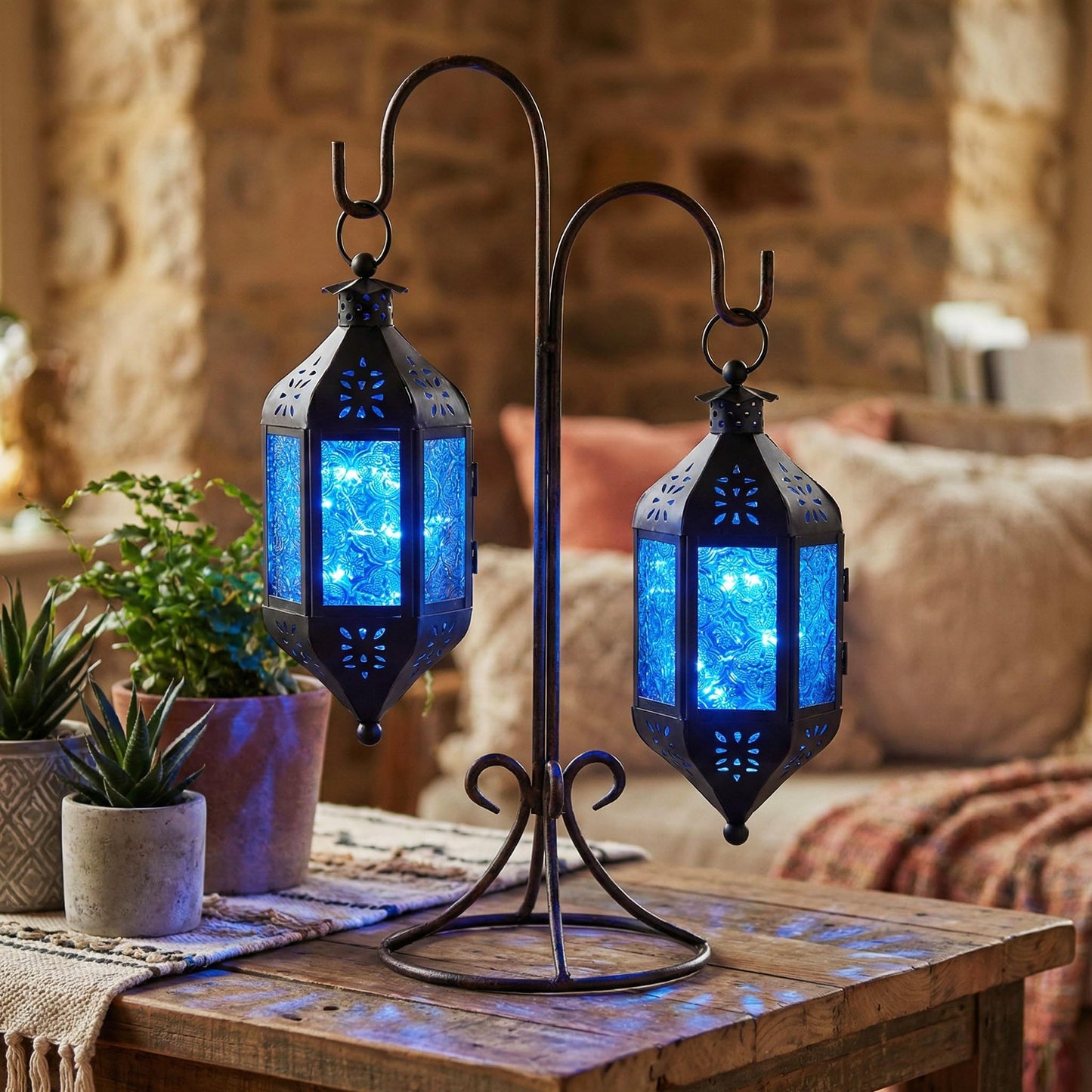 Hanging Moroccan Decorative Candle Lantern Holders for Outdoor Décor - Aqua Blue Hanging - PT05