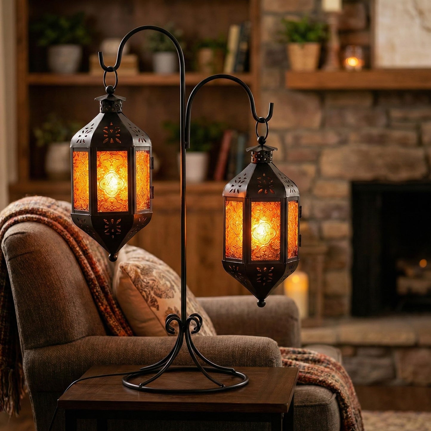 Hanging Moroccan Decorative Candle Lantern Holders for Outdoor Décor - Amber Orange Hanging - PT06